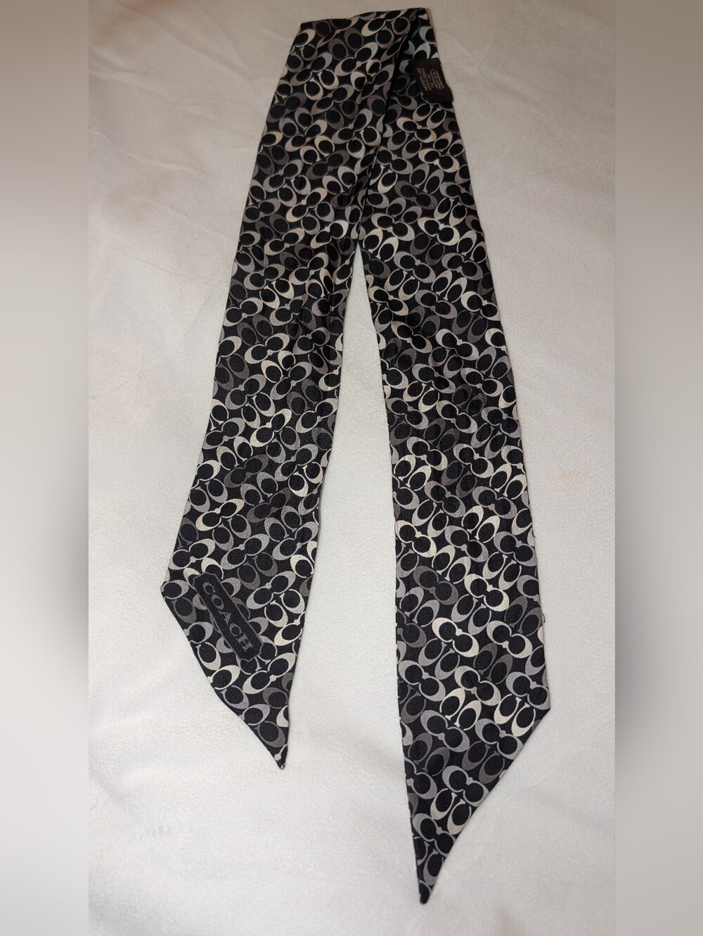 Coach Signature Pony Skinny Silk Scarf Black White Gray NWOT